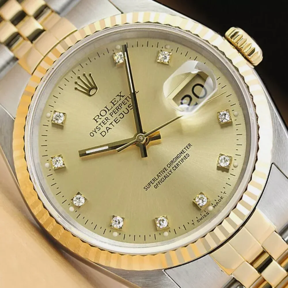 ROLEX MENS DATEJUST FACTORY DIAMOND DIAL 18K WATCH